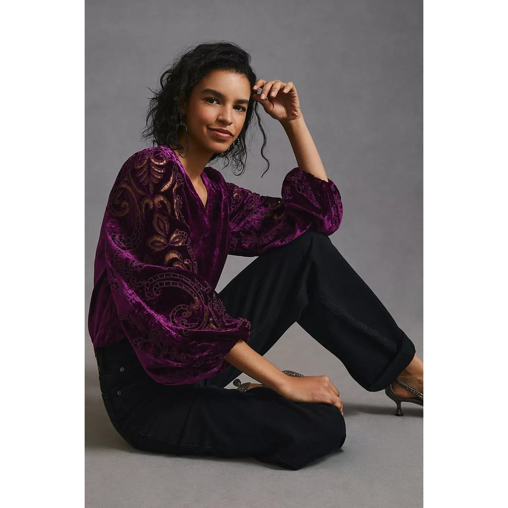 New By Anthropologie Velvet Cutwork Long Sleeve Top $168 X-SMALL Plum