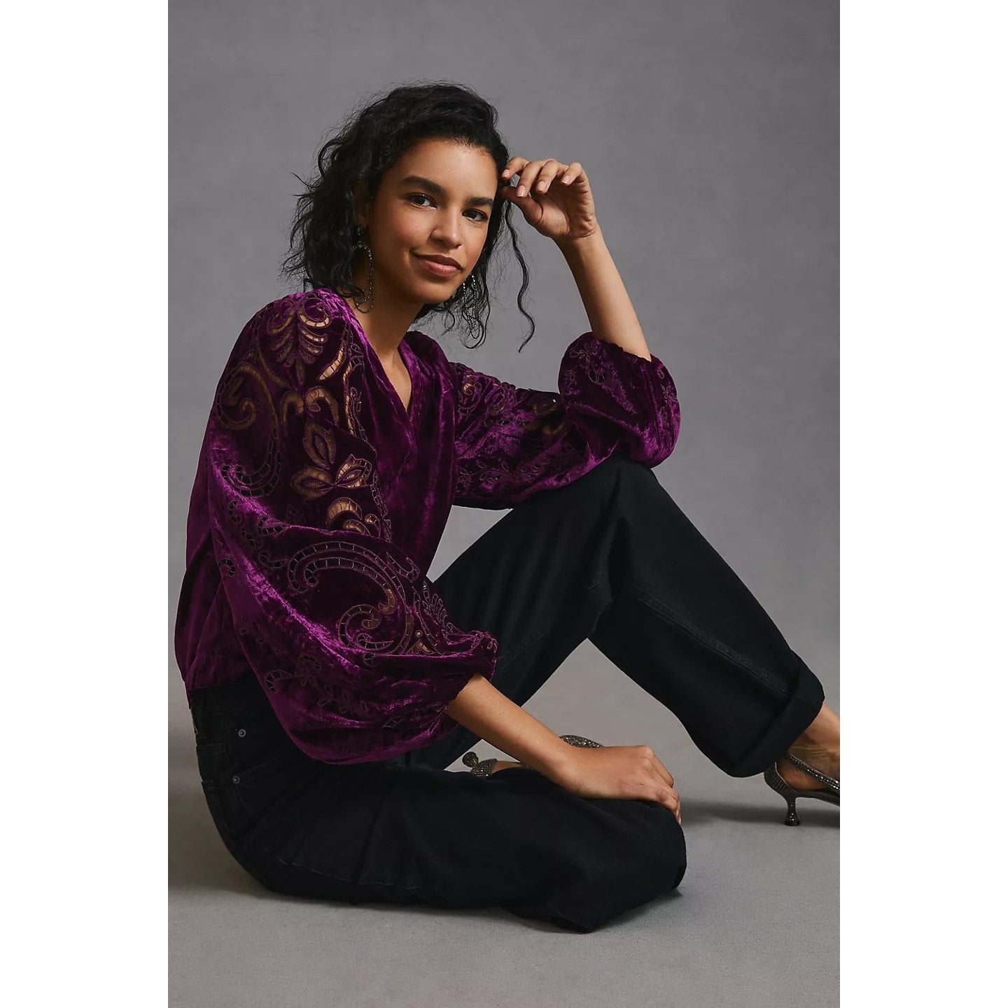 New By Anthropologie Velvet Cutwork Long Sleeve Top $168 X-SMALL Plum
