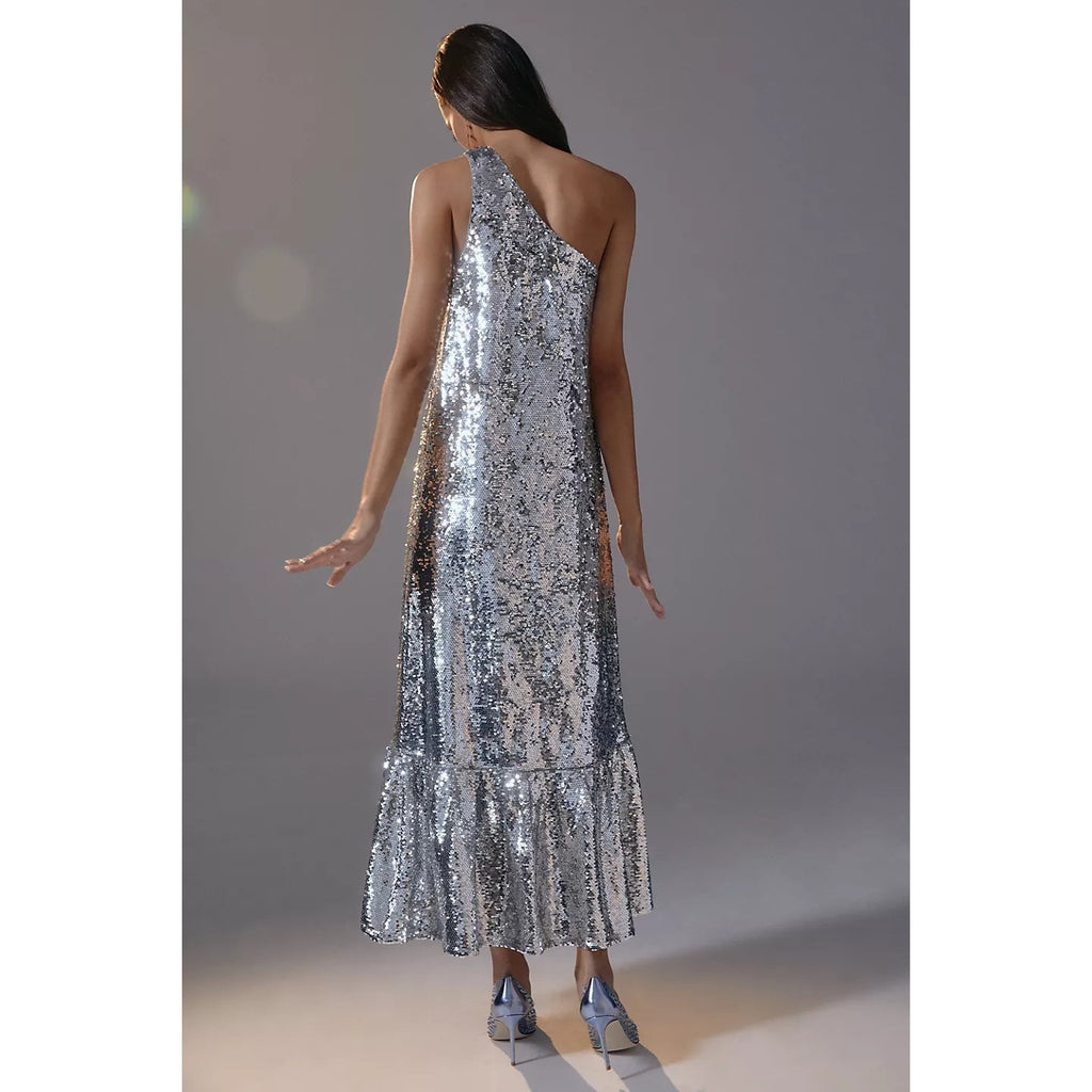 New Anthropologie Maeve One-Shoulder Sequin Midi Dress $230 SMALL Silver