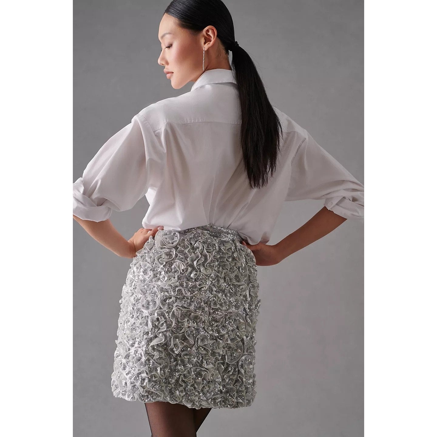 New Anthropologie Mare Mare 3-D Sequin Mini Skirt  $198 SMALL Silver