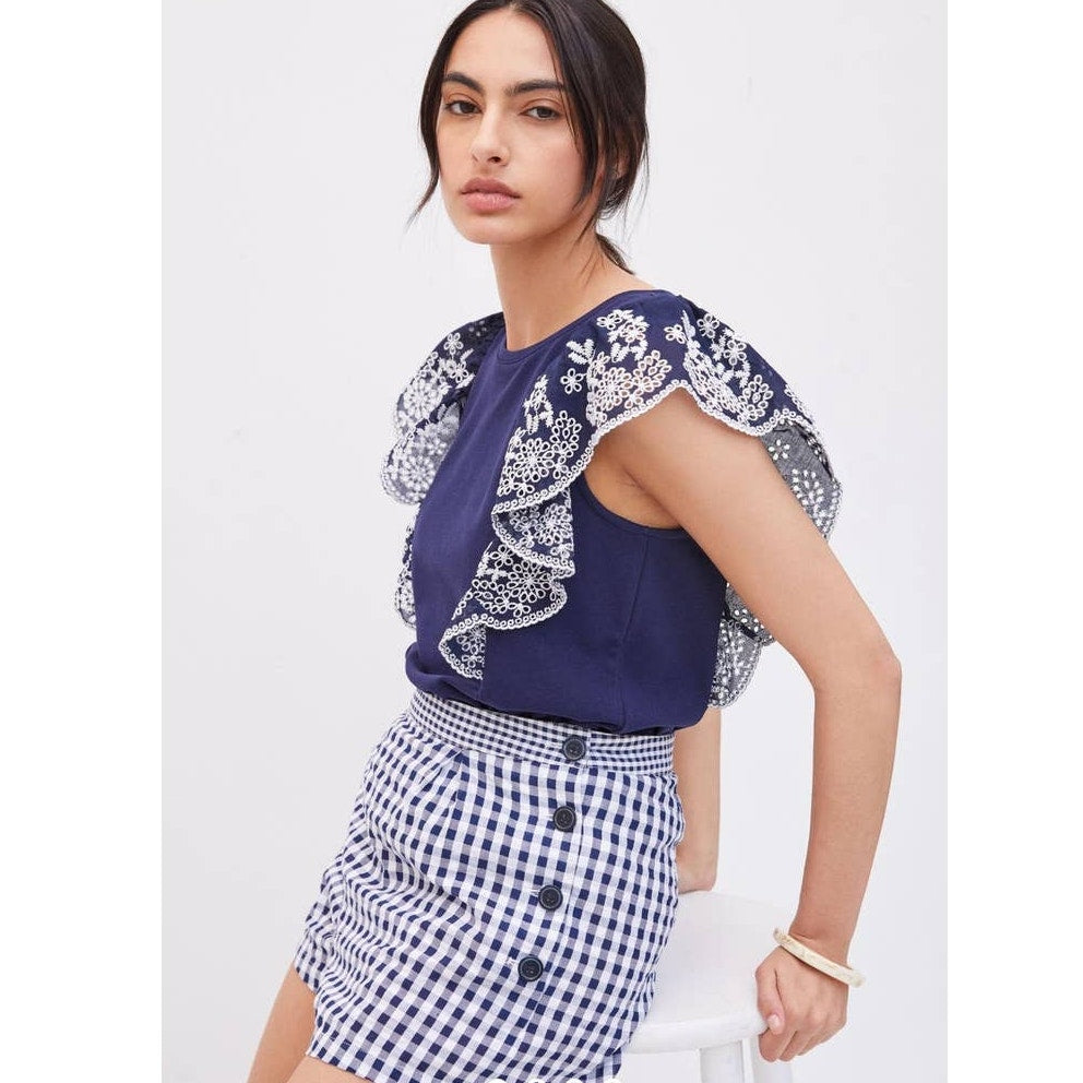 New Anthropologie by Maeve Ruffled Eyelet Top $90 MEDIUM Navy