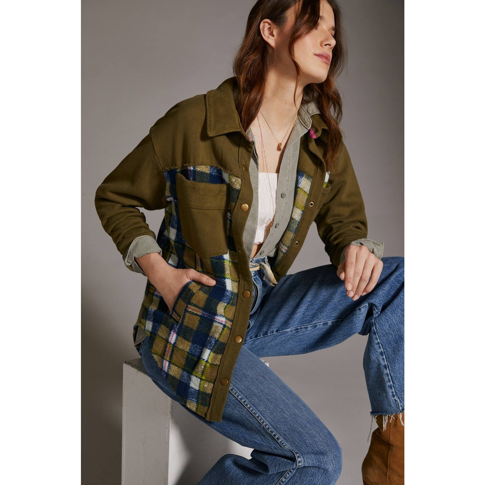 New Anthropologie Pilcro Plaid Contrast Shirt Jacket $140 X-SMALL Green Motif