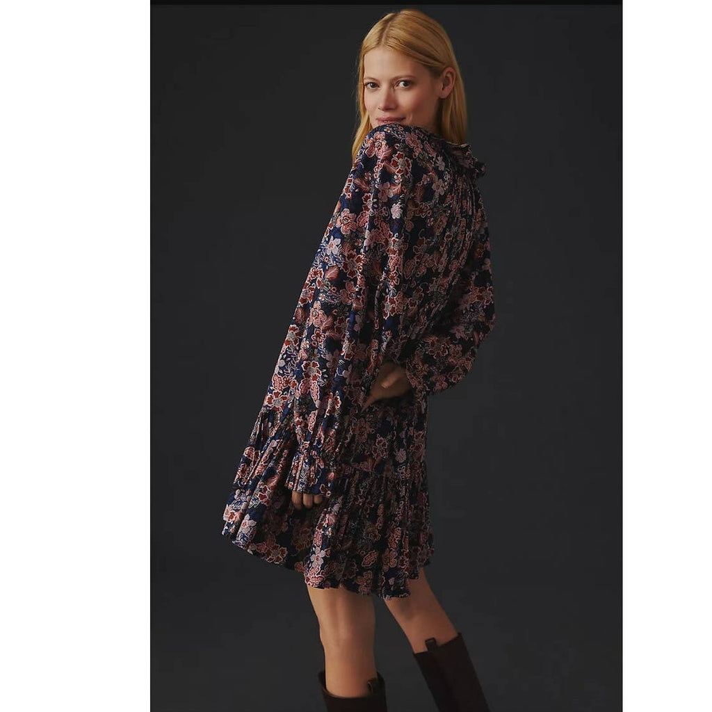 New Anthropologie Sundry Floral Boho Mini Dress $284 SMALL Blue Oversized