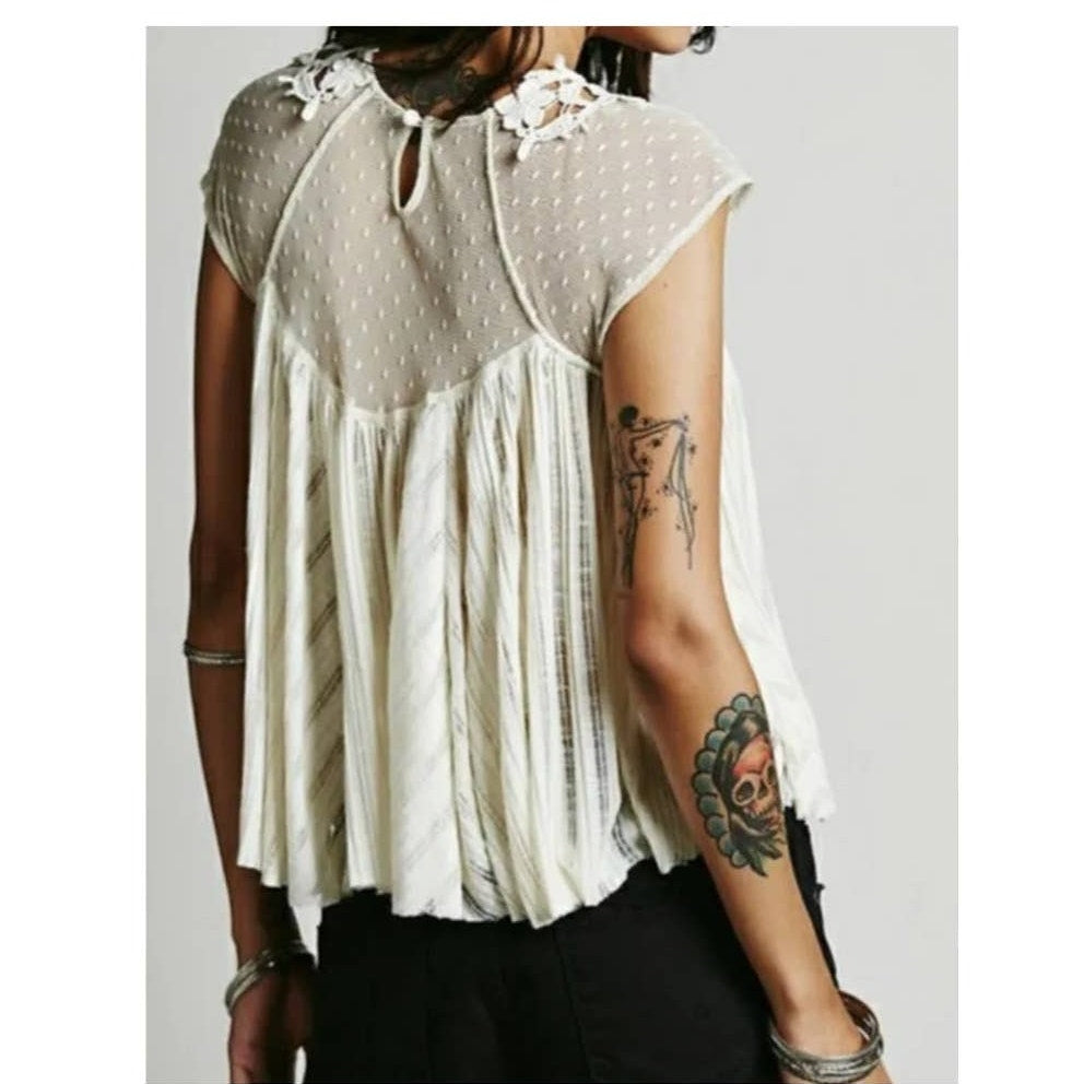 Free People Stars Align Swing Semi Sheer Lace Top X-SMALL Eggshell Free People