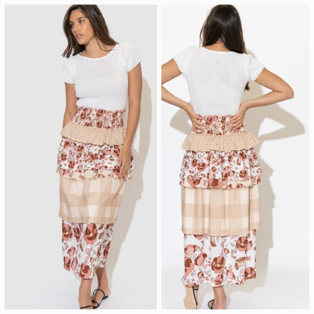 New AMBRA MADDALENA Guinivera Tiered Midi Skirt $200 US 4 Checks & Florals