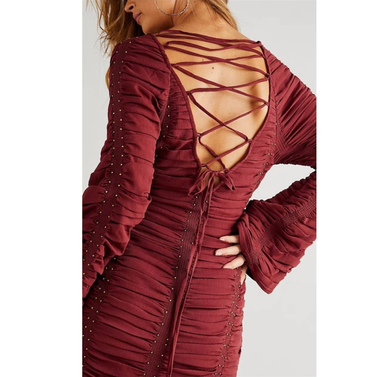 New FREE PEOPLE Western Romance Long Sleeve Mini Dress  $448 X-SMALL Red