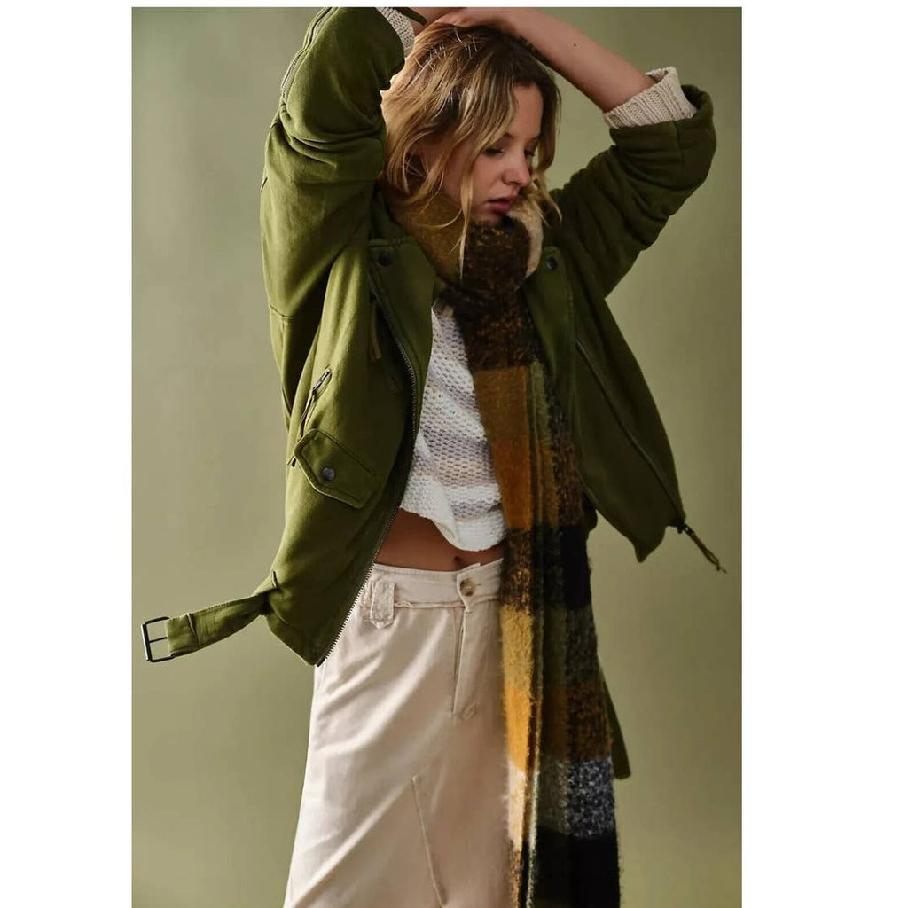 New Free People WTF Rebel Rebel Knit Moto Jacket $198 SMALL Olive Oversized
