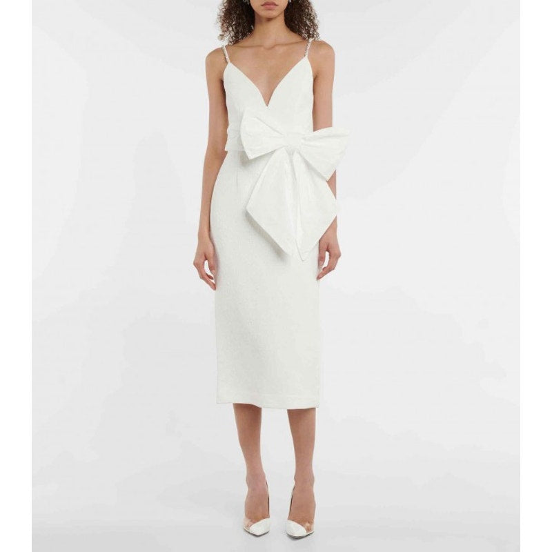 New Rebecca Vallance Genevieve Bow V-Neck Sheath Midi Dress $630 SIZE 8 White