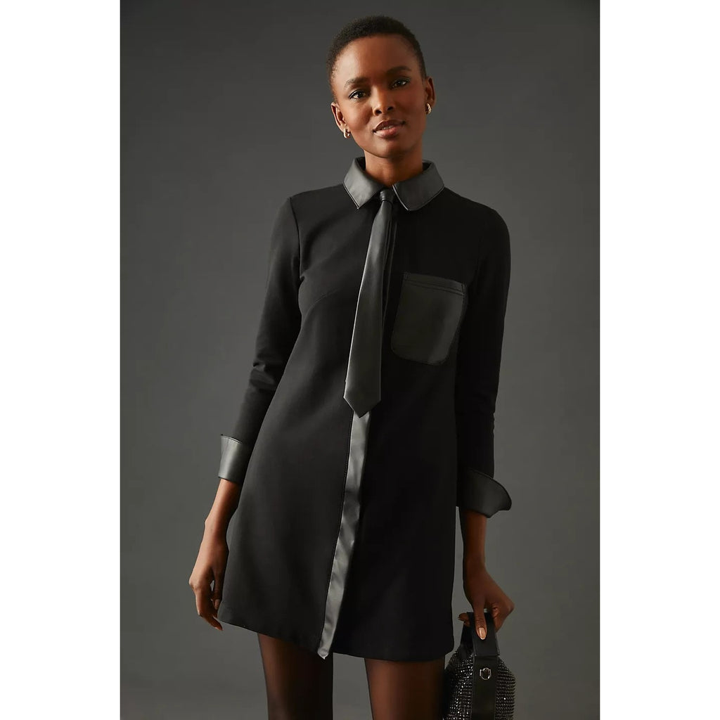 New Anthropologie Maeve Faux Leather Neck Tie Shirt Dress $160  X-SMALL