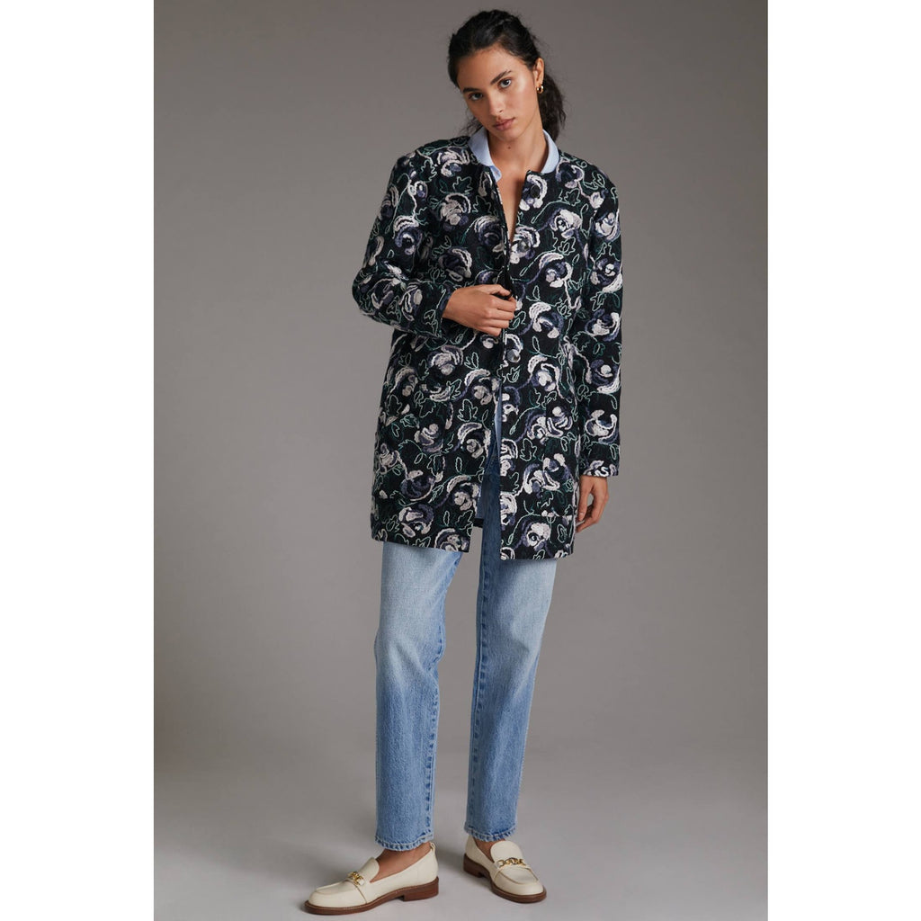 New Anthropologie Floral Embroidered Coat by Hutch $260 X-SMALL Blue