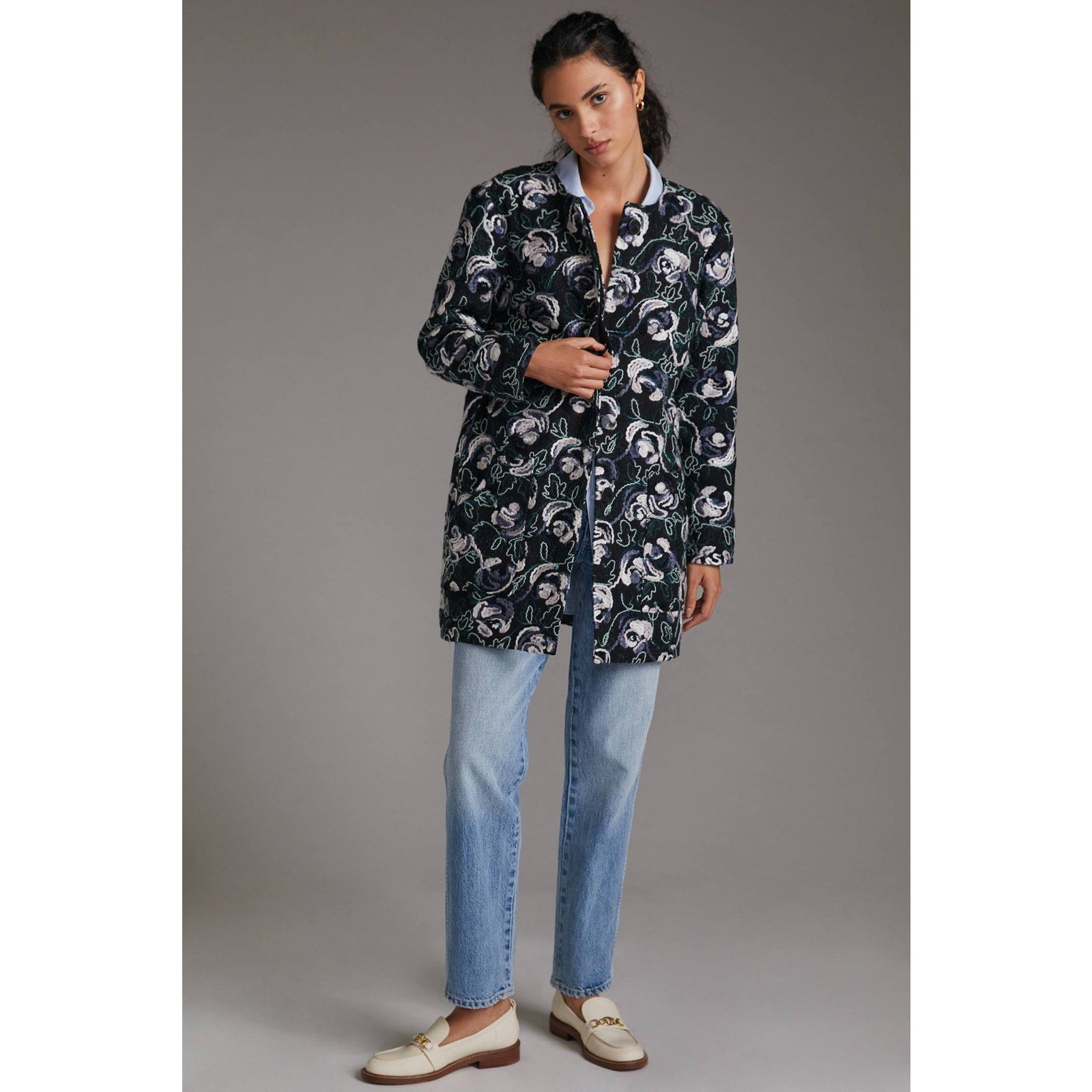 New Anthropologie Floral Embroidered Coat by Hutch $260 X-SMALL Blue