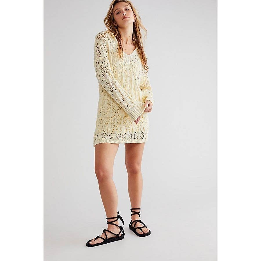 New Free People Elton Collared Crochet Mini Dress $178 MEDIUM Ivory Lined