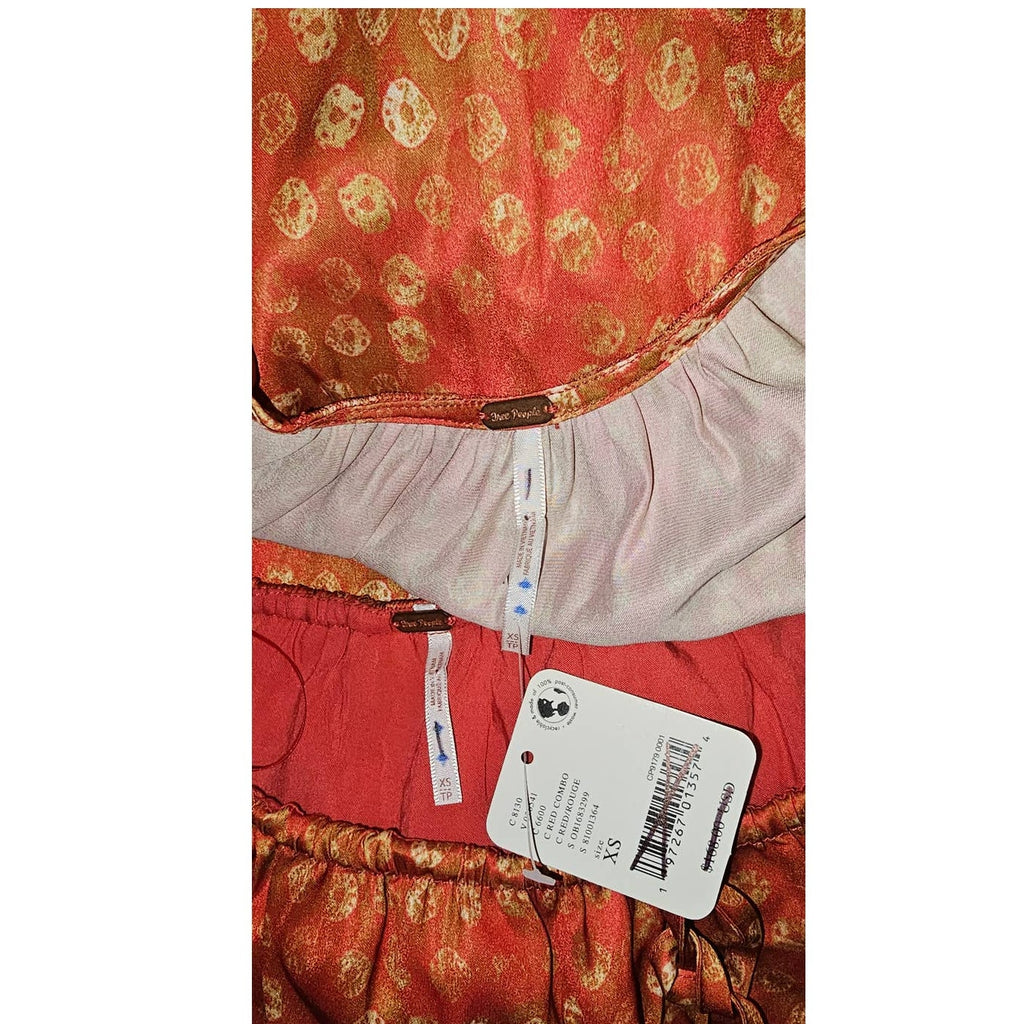 New Free People Dreambound Silky Maxi Skirt Set $168 X-SMALL Red Boho V-neck Top