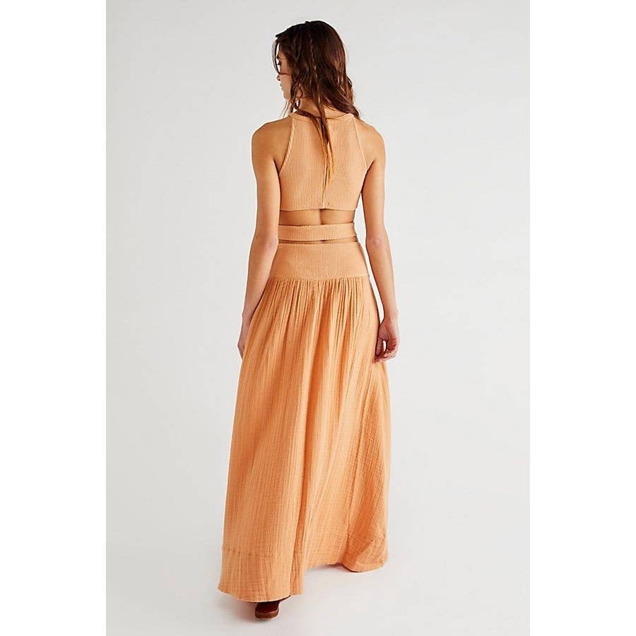 New Free People Frances Skirt Set $148 LARGE Pastry Shell Ribbed Knit Crop Top