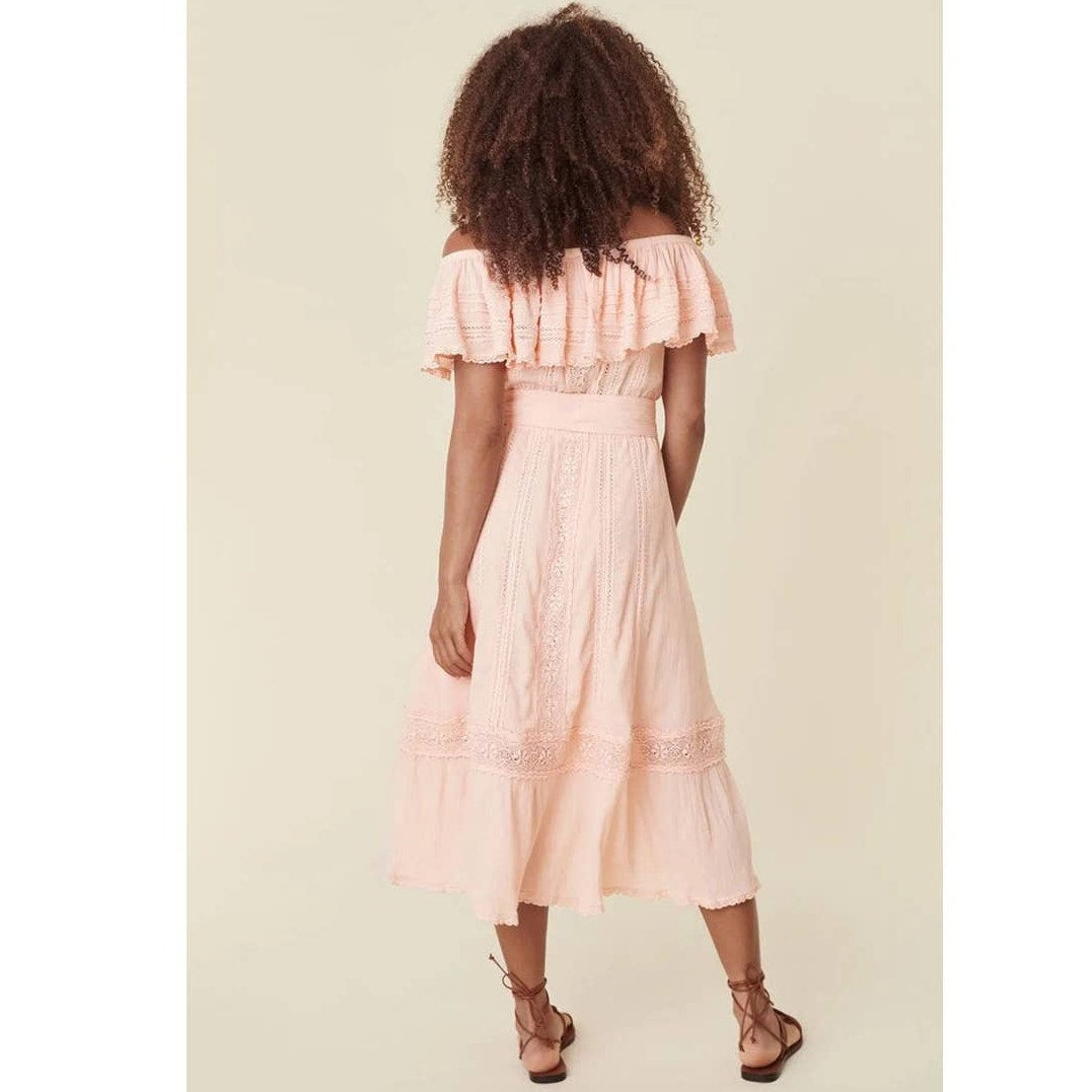 New Free People x Spell Cassie Off The Shoulder Lace Gown $299 X-SMALL Pink Free People