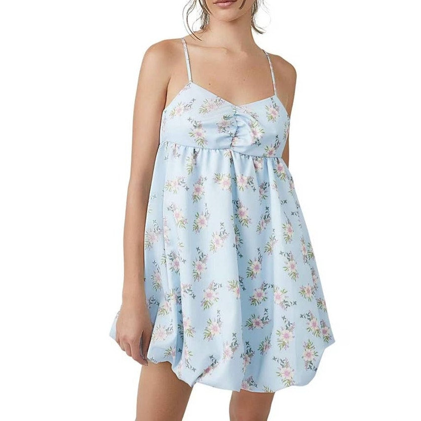 New Free People In A Bubble Floral Mini Dress $128 SMALL Blue Empire Babydoll