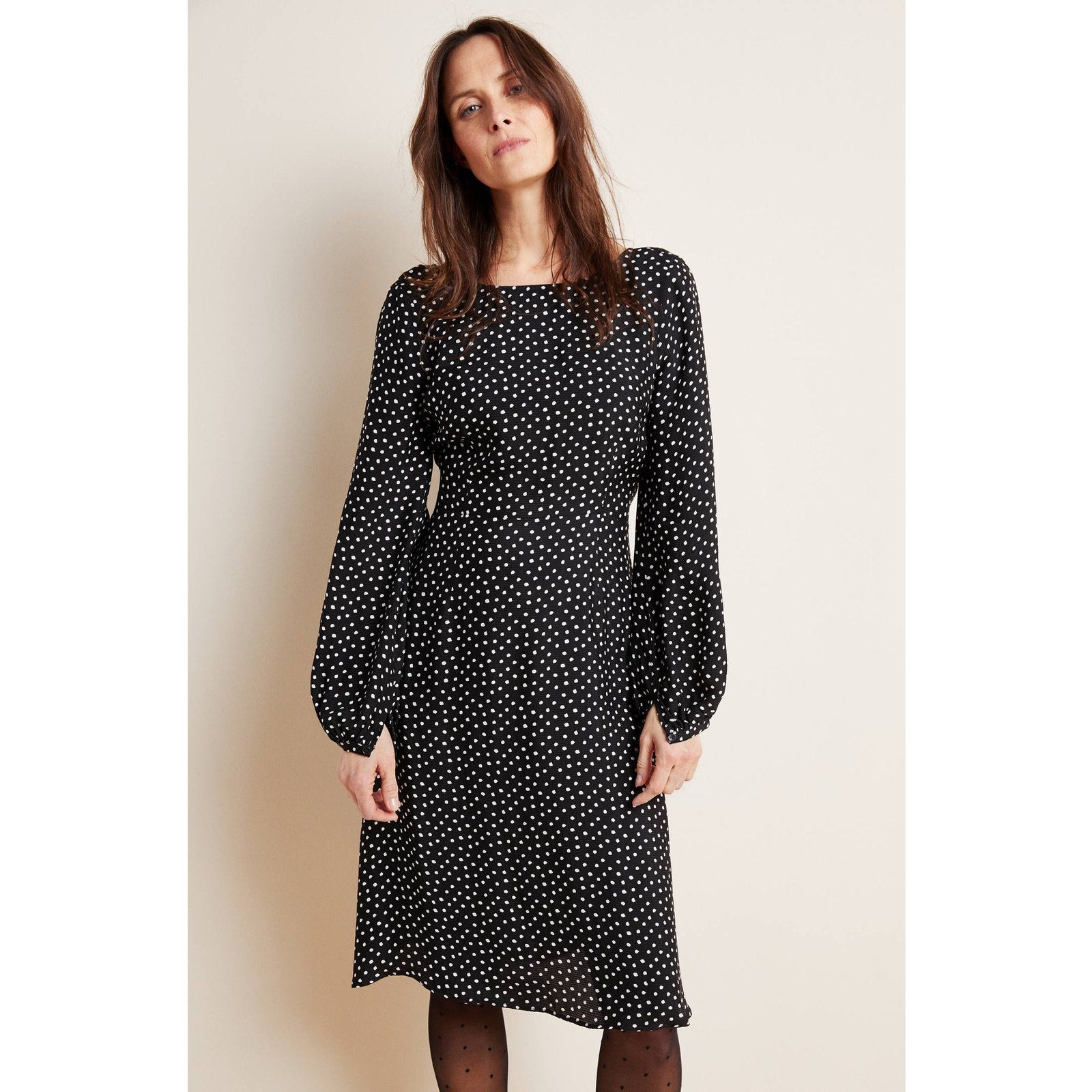 New Anthropologie Agatha Long Sleeve Midi Dress $160 SIZE 2 B&W Polka Dot