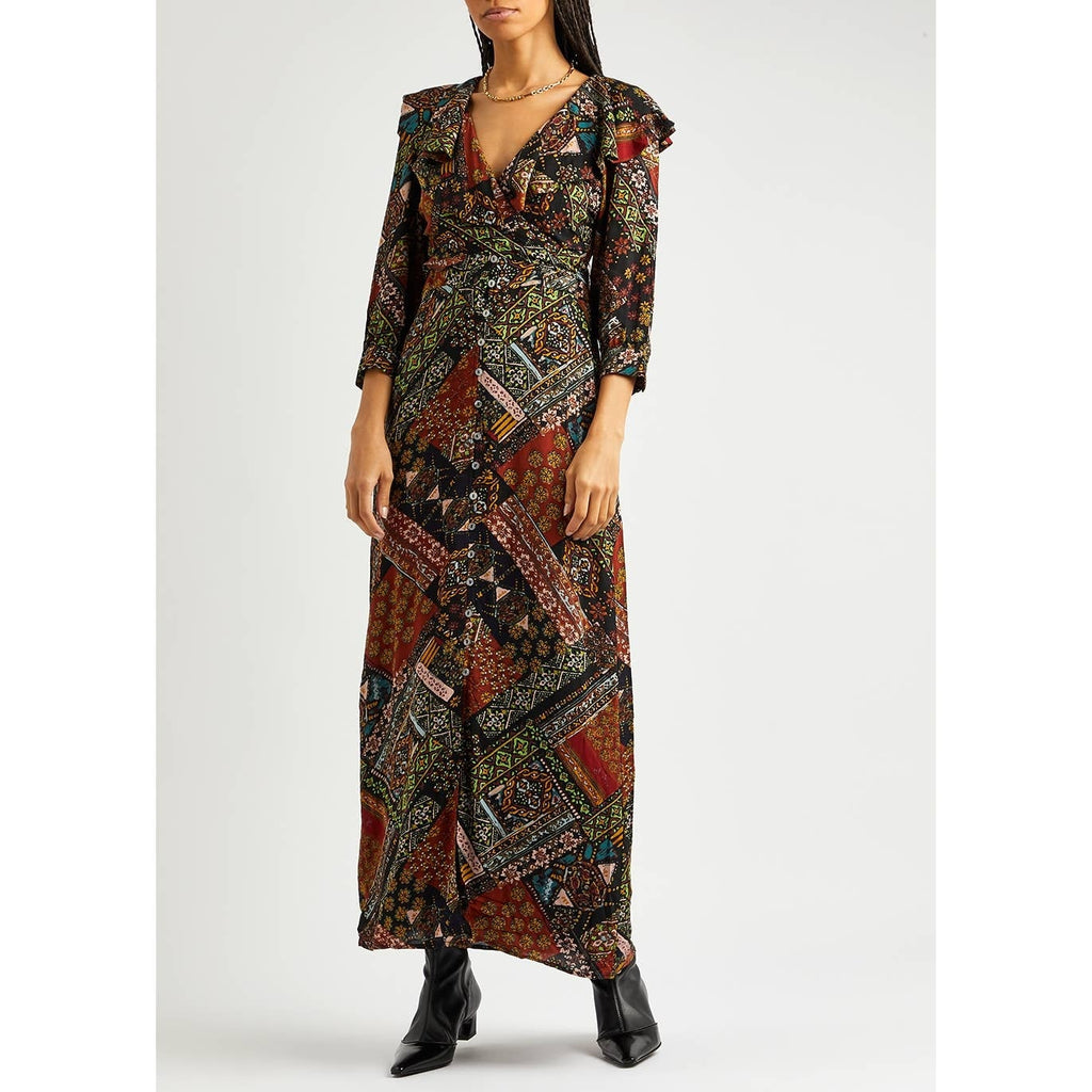 New Free People Lennon Maxi Dress  $168 X-SMALL Black Combo Vintage Insp Print