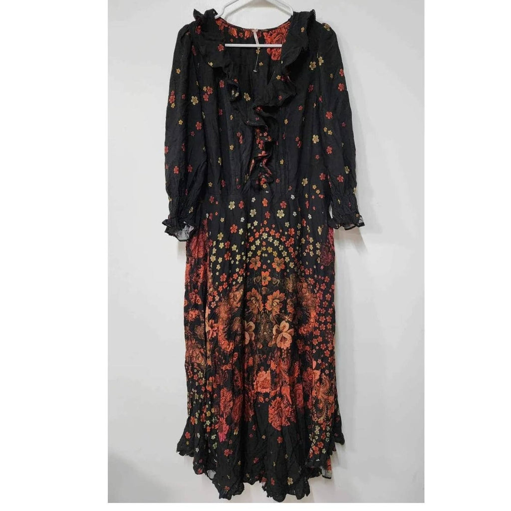 New Free People Talsey Floral Maxi Dress $198 X-SMALL Black Combo Long Sleeve