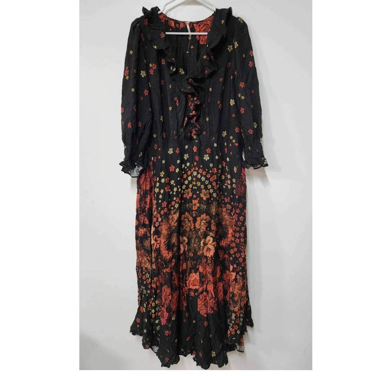 New Free People Talsey Floral Maxi Dress $198 X-SMALL Black Combo Long Sleeve