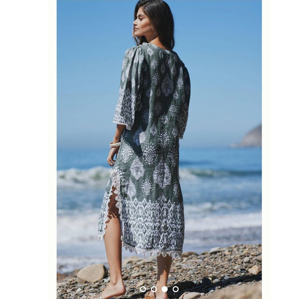 New Anthropologie Somi Javi Tunic Dress $395 SMALL Green Midi Boho