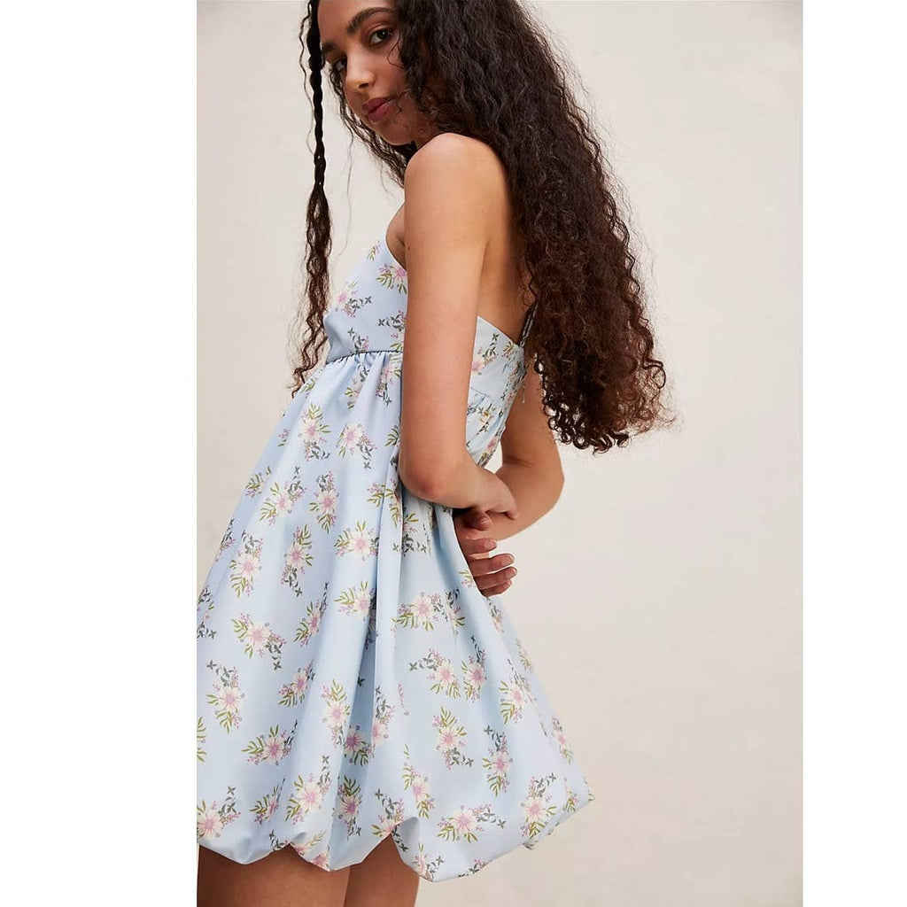 New Free People In A Bubble Floral Mini Dress $128 SMALL Blue Empire Babydoll
