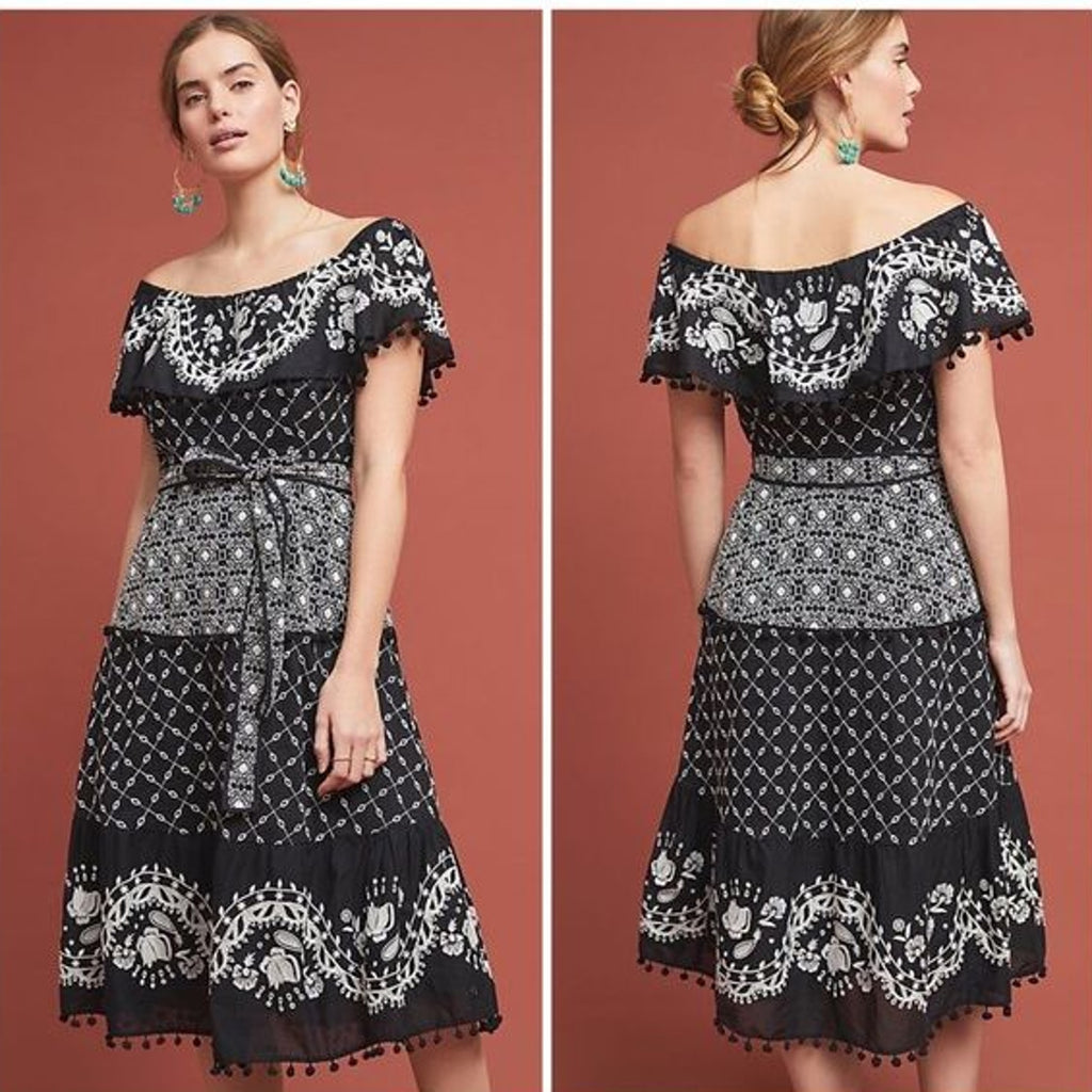 New Anthropologie Marisol Off the Shoulder Embroidered Midi Dress $230 B&W Sz 4
