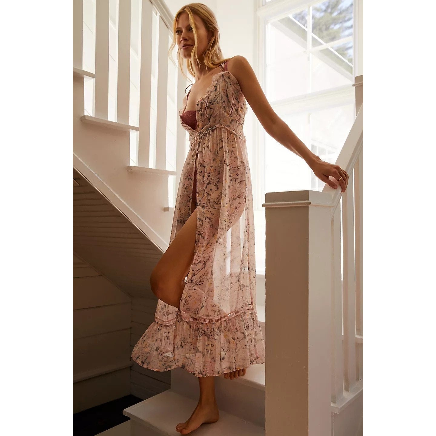 By Anthropologie Sheer Curtain MAXI Top $130 X-SMALL Pink Floral