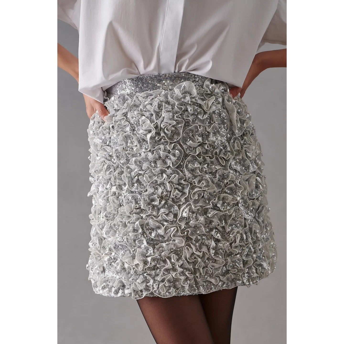 New Anthropologie Mare Mare 3-D Sequin Mini Skirt  $198 SMALL Silver