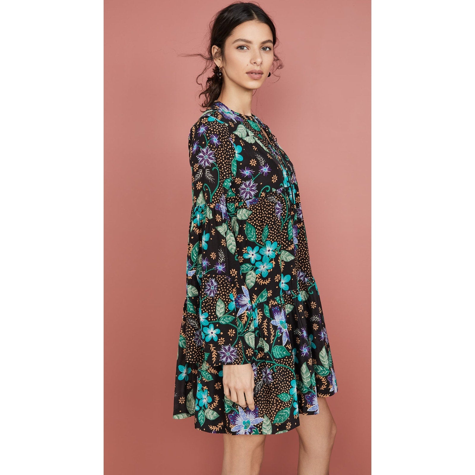 New Warm Silk Garden Tiered Floral Boho Mini Dress $450 SMALL US 4 (1)