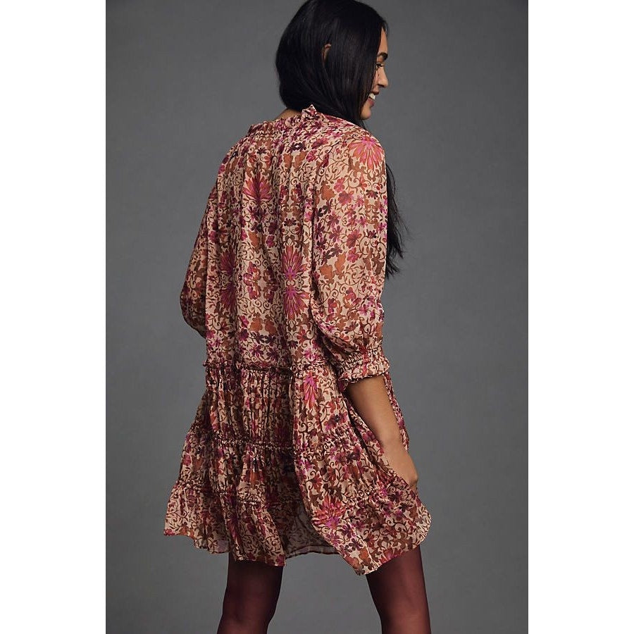 New Anthropologie x Misa V-Neck Floral Mini Dress $435 MEDIUM Light Red