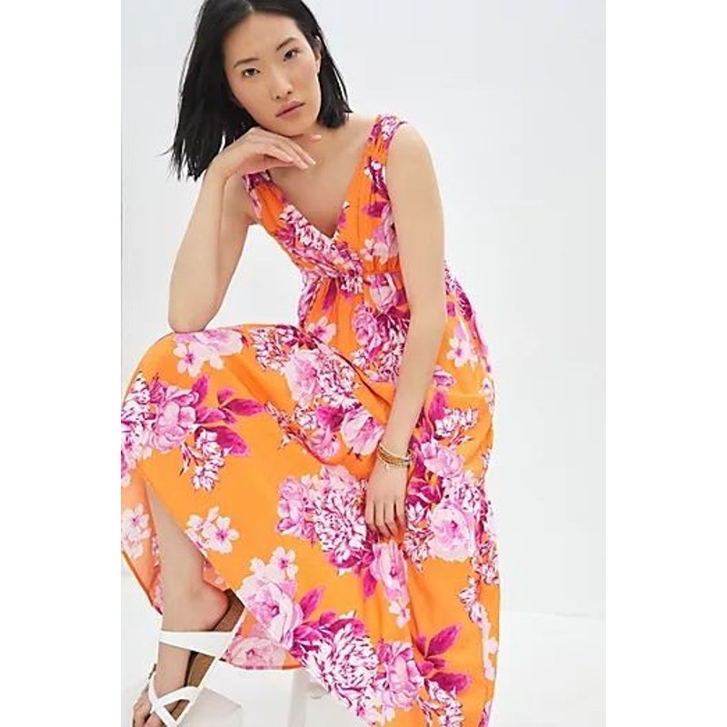 New Anthropologie Gathered Maxi Dress $168  MEDIUM Orange Motif