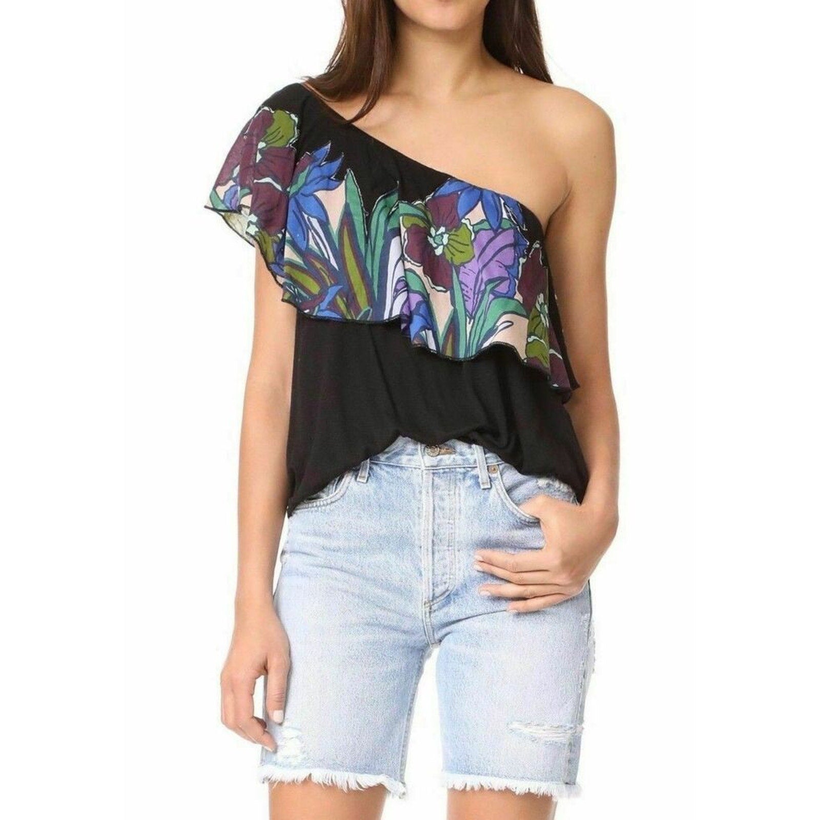 Free People Annka One-Shoulder Floral Top Retail Small Jersey Knit Black Free People