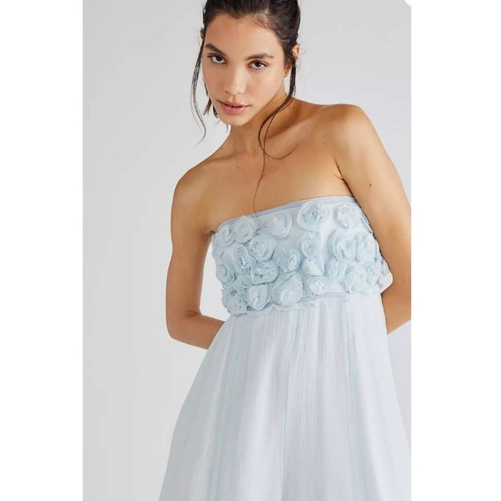 Free People Rosa Strapless Floral Wide Leg Jumpsuit LARGE Misty Blue Free People