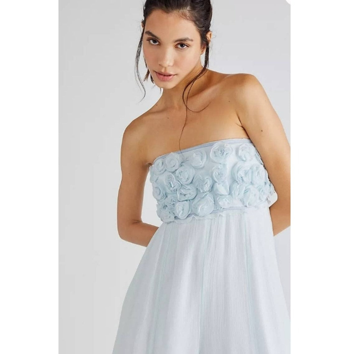 Free People Rosa Strapless Floral Wide Leg Jumpsuit LARGE Misty Blue Free People