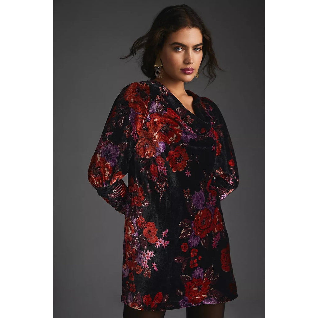 New Anthropologie Maeve Cowl-Neck Velvet Dress $180 X-SMALL Black Motif