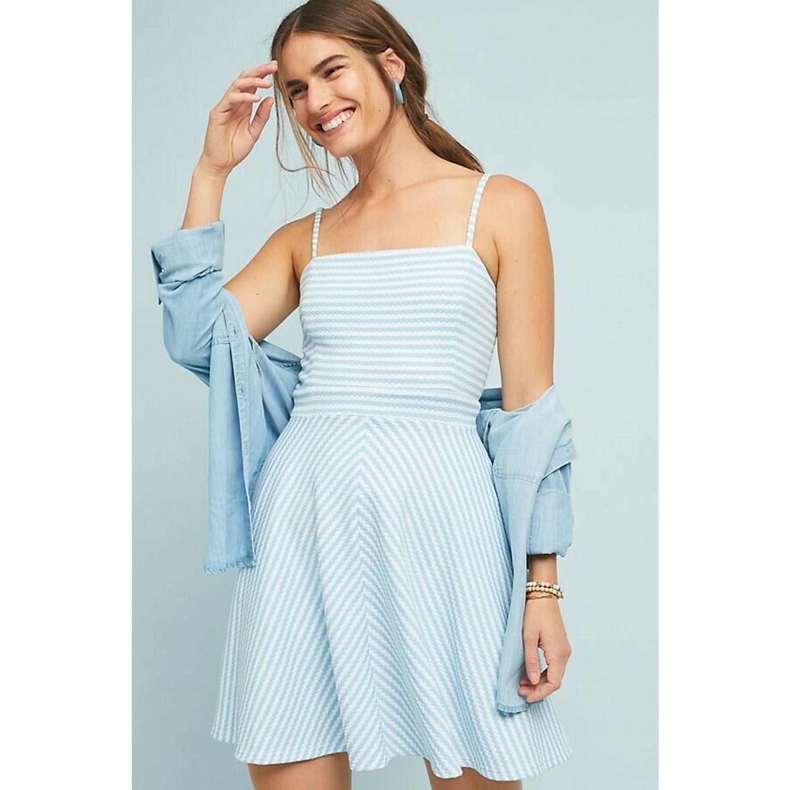 New Anthropologie Hutch Textured Stripe Dress $158 Large Square Neck Spandex