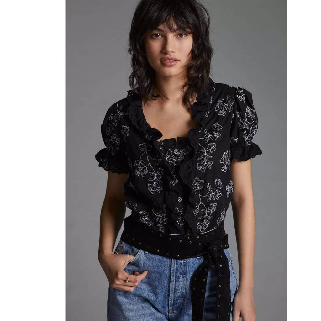 New Anthropologie ESPECIA Floral Embroidered Ruffle Blouse $190 SMALL B&W