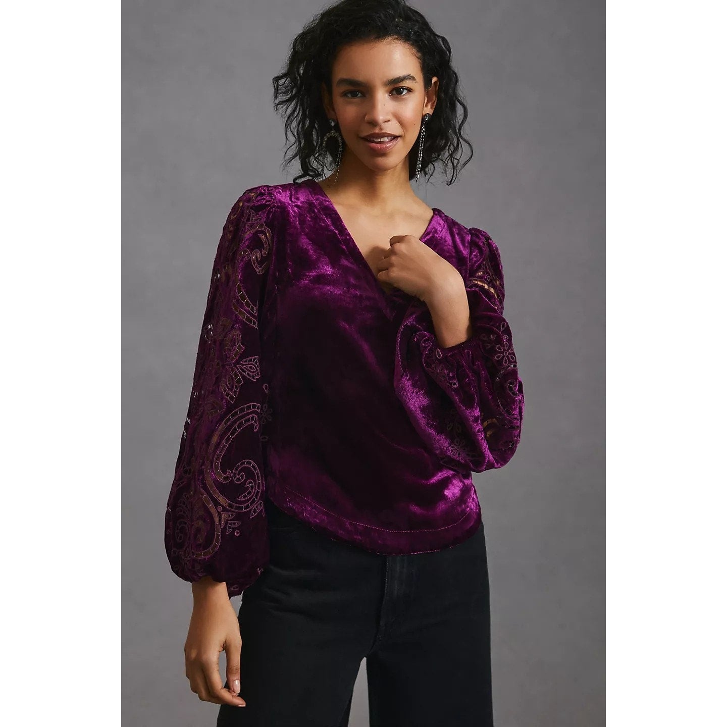 New By Anthropologie Velvet Cutwork Long Sleeve Top $168 X-SMALL Plum