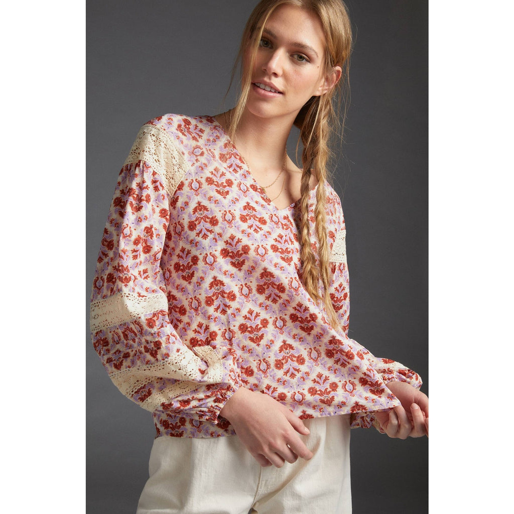 New Anthropologie Eze Sur Mer Yvonne Lace Boho Chic Blouse $98 SMALL Floral Geo