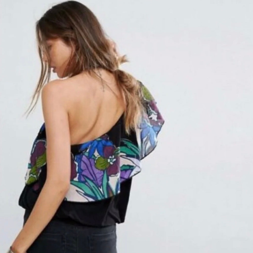 Free People Annka One-Shoulder Floral Top Retail Small Jersey Knit Black Free People
