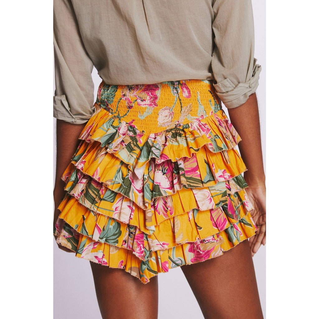 New Anthropologie LOVE THE LABEL Tiered Floral Mini Skirt $110  MEDIUM Yellow