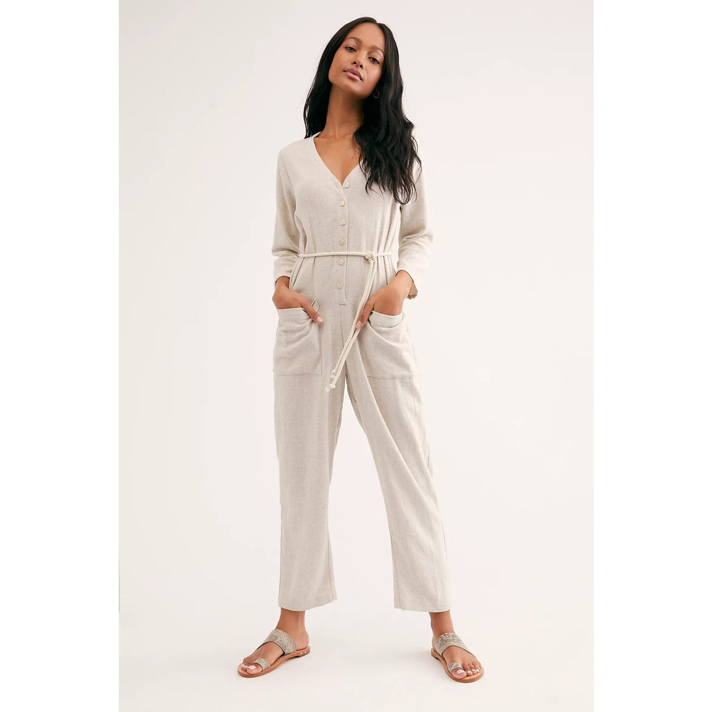 New Free People x Rachel Pally Troy Linen Jumpsuit $255 SMALL Gray Long Sleeve