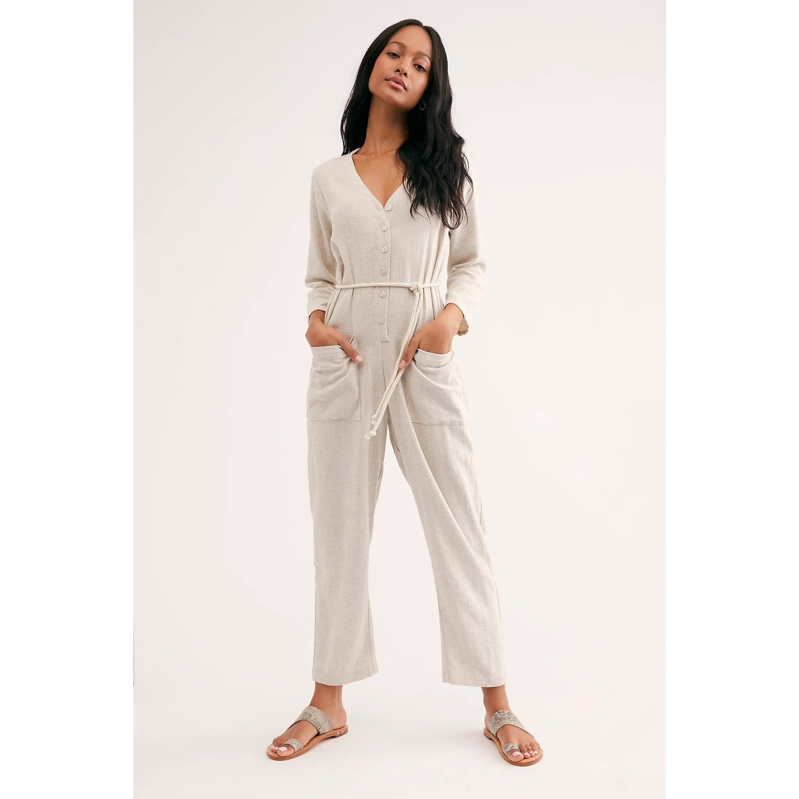 New Free People x Rachel Pally Troy Linen Jumpsuit $255 SMALL Gray Long Sleeve