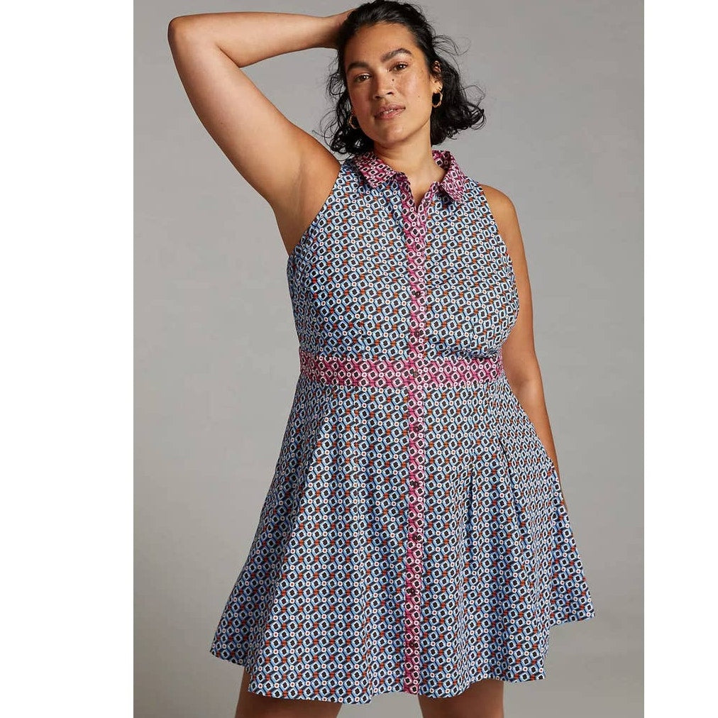 New Anthropologie Buckley Geo Mini Dress by Maeve $148 SIZE 4 Blue Motif