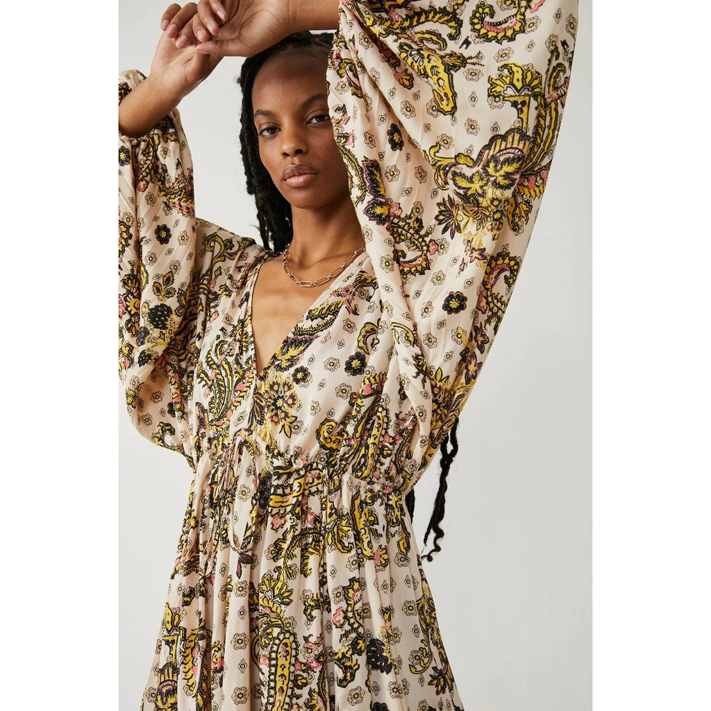 New Free People Arzel Printed Mini Dress $148  X-SMALL Tea Combo Long Sleeve