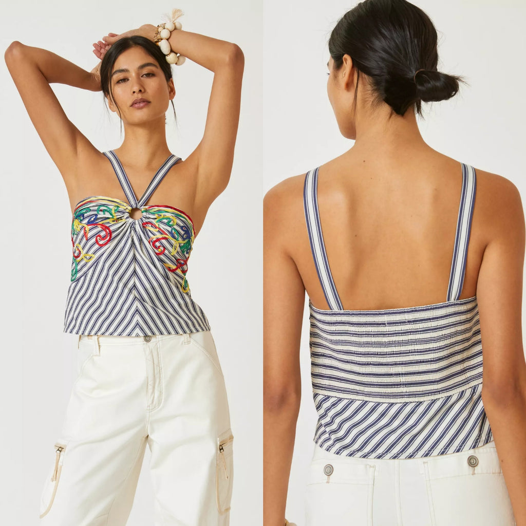 New Anthropologie Avril Emroidered Striped Halter Top $110  MEDIUM  Blue
