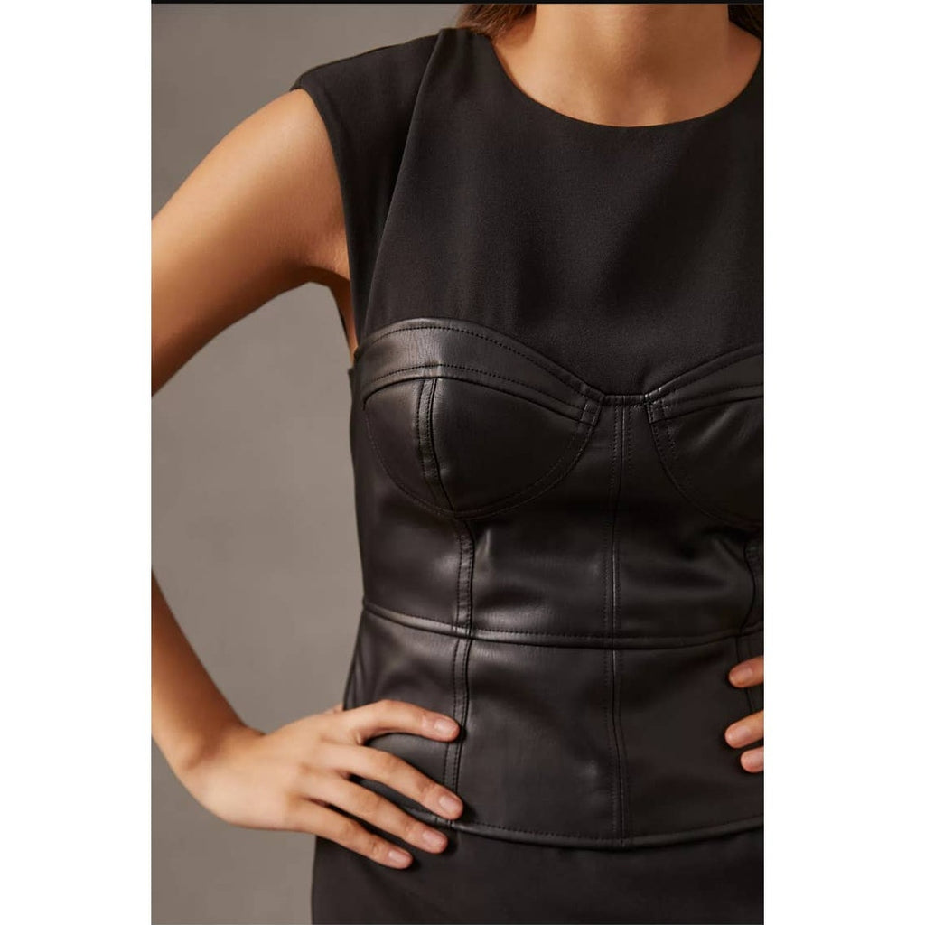 New Anthropologie Maeve Faux Leather Corset Dress $180 SIZE 2 Black