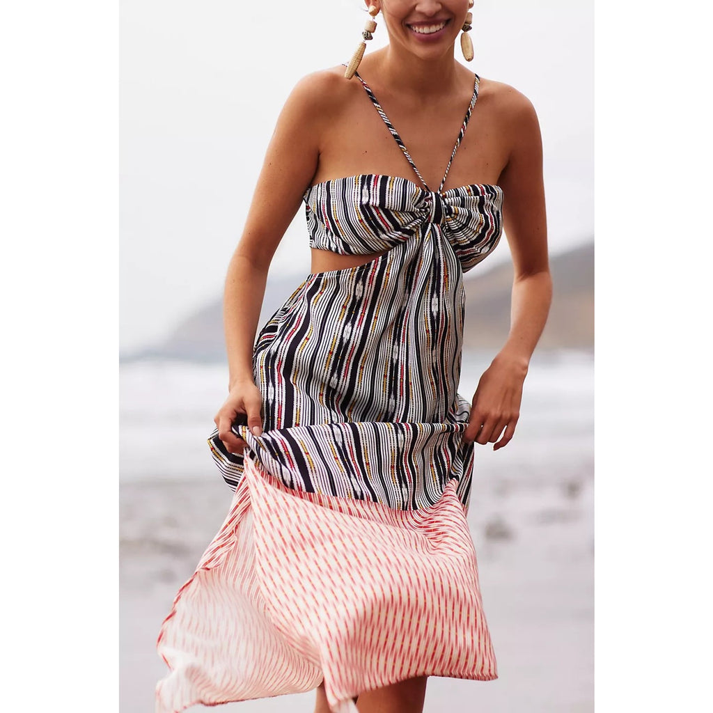 New Anthropologie Bare Cutout Boho Maxi Dress $118 Large Black Motif Adjustable