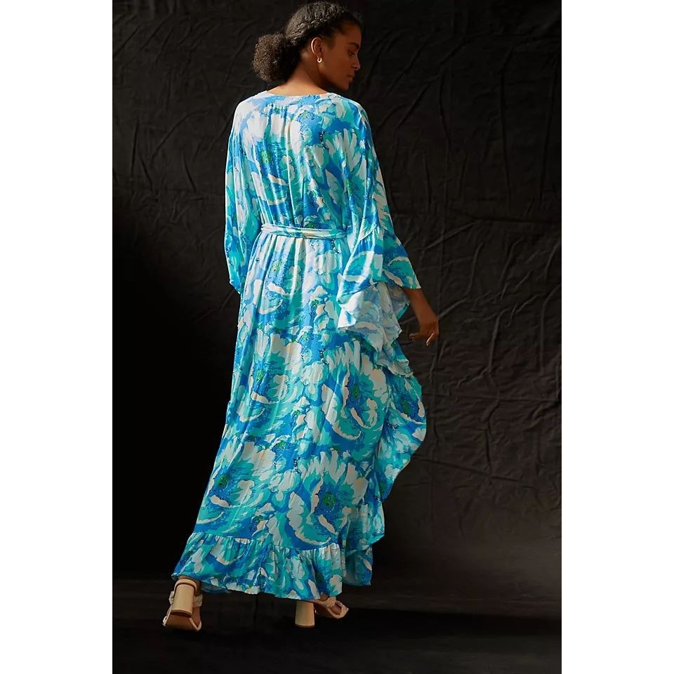 New Anthropologie Bel Kazan Floral Kaftan $150 ONESIZE Blue/Green Resort Wear